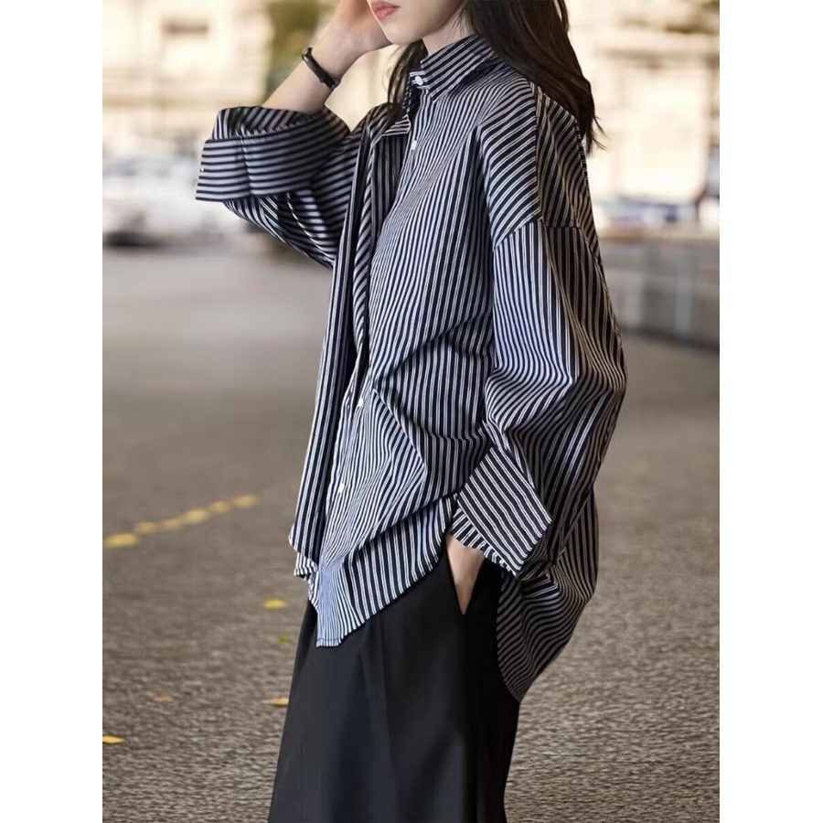 Vintage Fashion Hong Kong - قميص نسائي فضفاض بأكمام طويلة مخطط