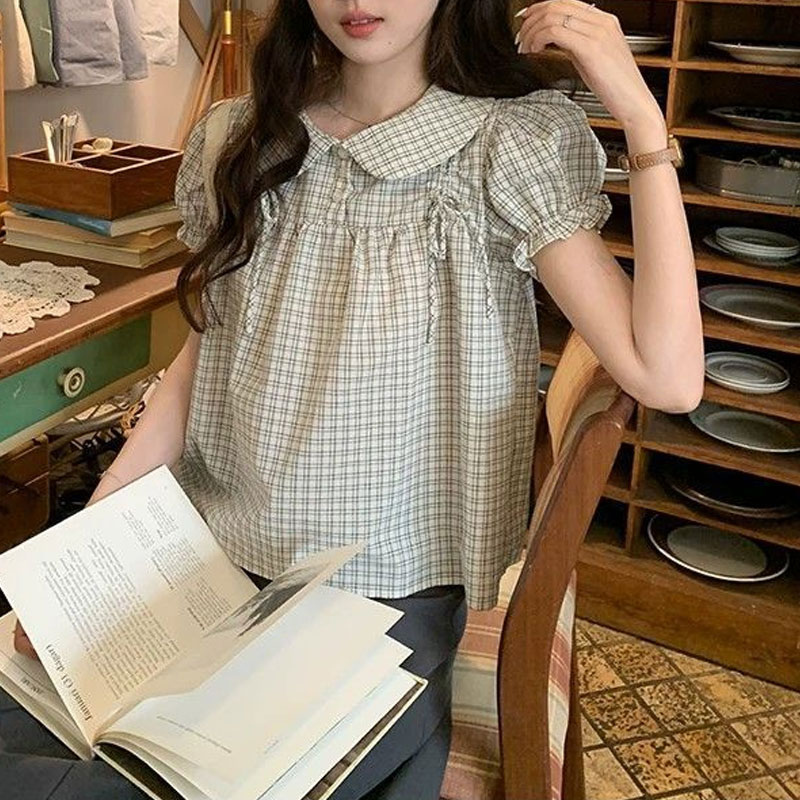 Vintage Fashion Doll - بلوزة نسائية صيفية أنيقة بتصميم كوري،
