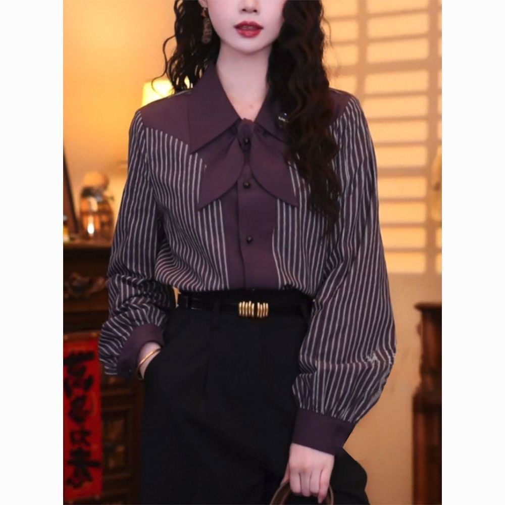 Vintage Fashion Hong Kong - قميص نسائي كاجوال مخطط بأكمام طويلة