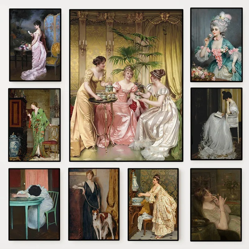 Vintage Fashion Prints For Wall - عصر النهضة المرأة صورة المشارك خمر